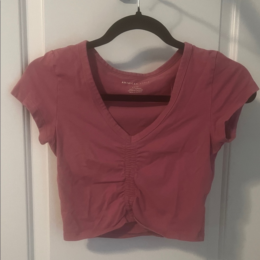 American Eagle Outfitters Women's Short Sleeve cropped Ruched Top - Pink